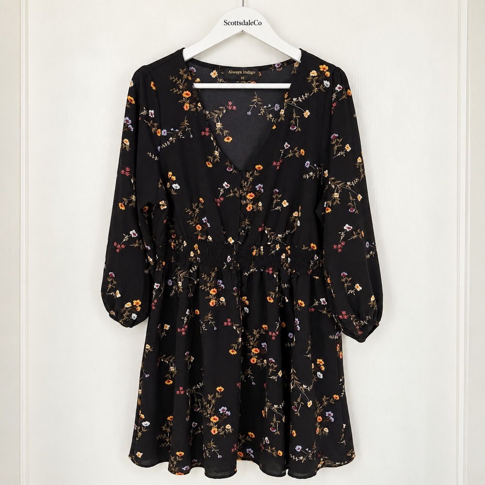 Floral Dress Always Indigo Womens 2X Black Smocked Waist V Neck Long Sleeve Boho
